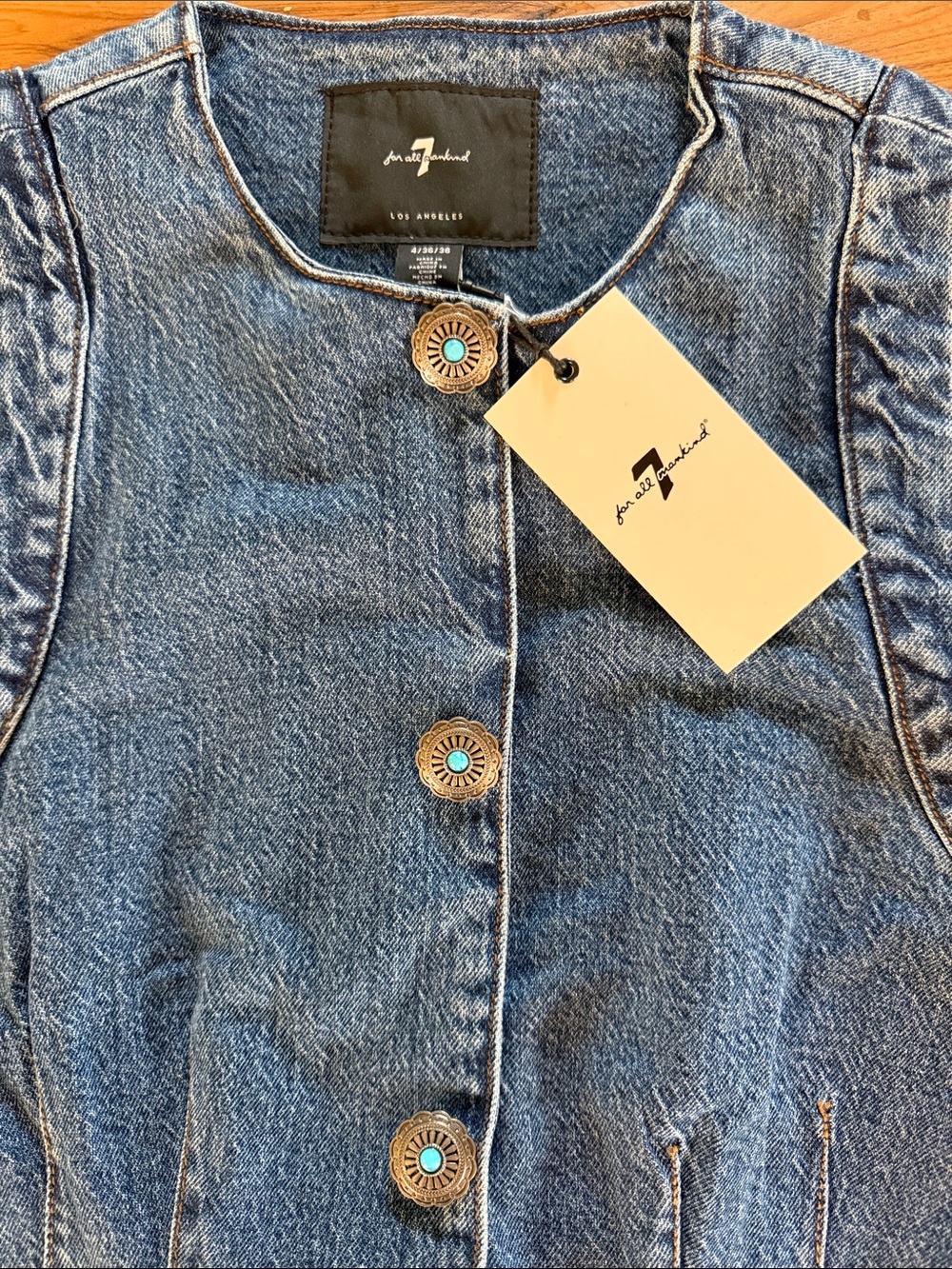 7 for all mankind denim sleeveless dress with pewter/faux turquoise button detai - Picture 3 of 3